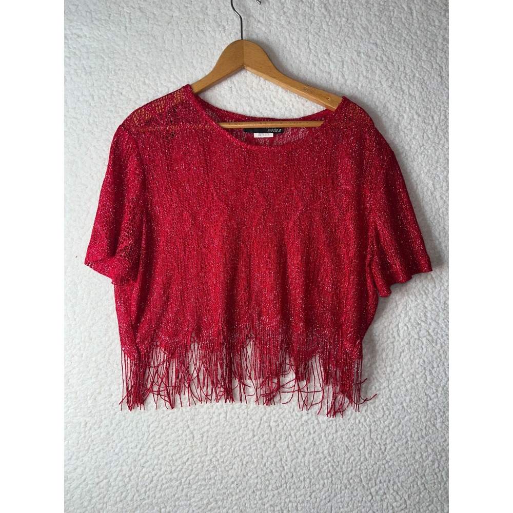 Vintage Sharade Nites Red Metallic Knit Fringe Crop Top Wm's Size 18 Made in USA